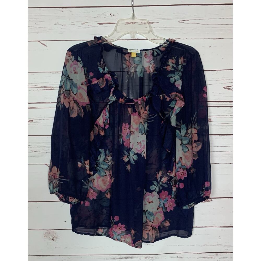 Leifsdottir Anthropologie Women’s Size 14 Navy Pink Floral 100% Silk Top Blouse